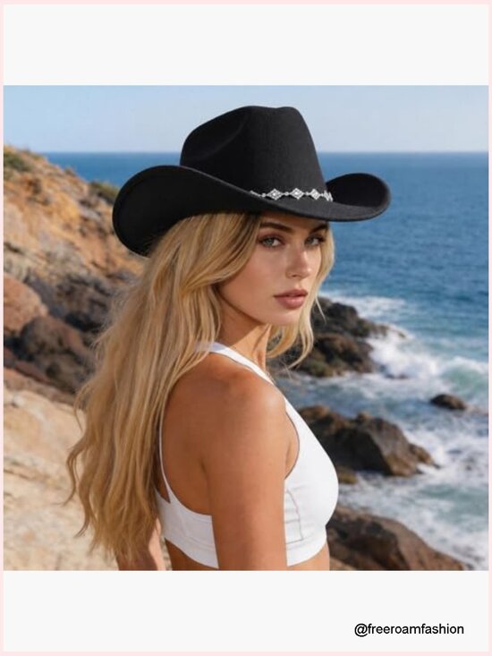 Rhinestone Western Cowboy Hat Suede Felt Wide Brim Unisex Foldable